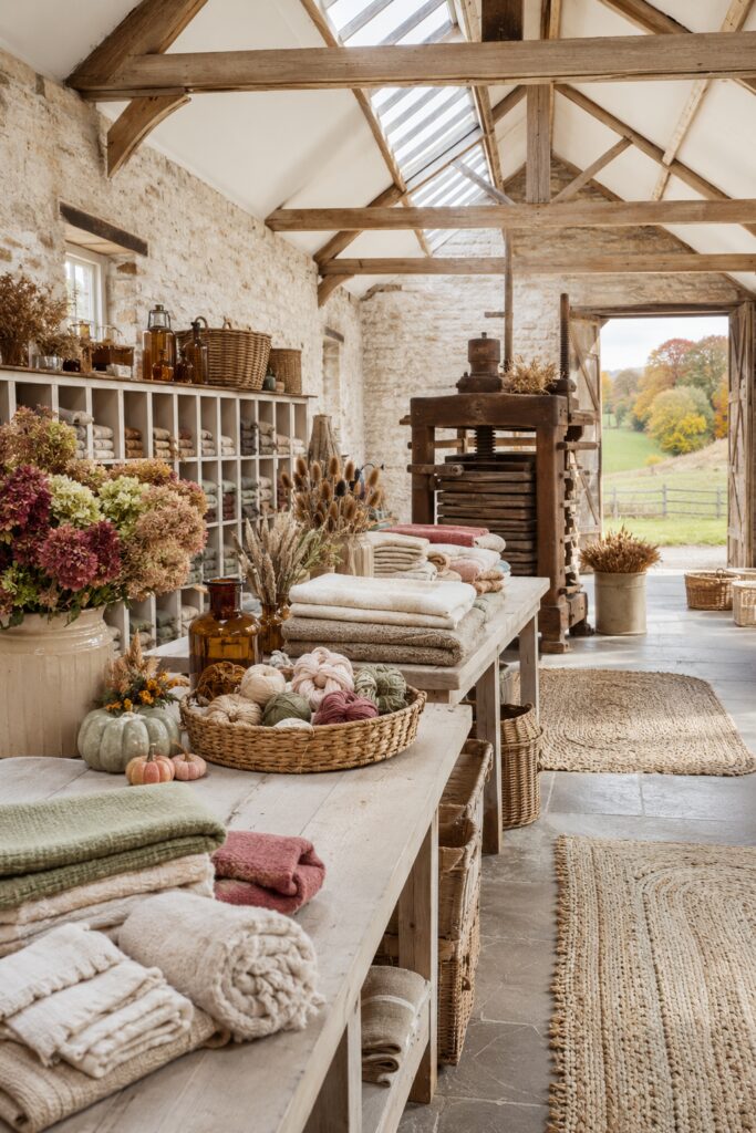 Bright sheep-farm wool-sorting room styled for fall with folded cream sage and berry blankets