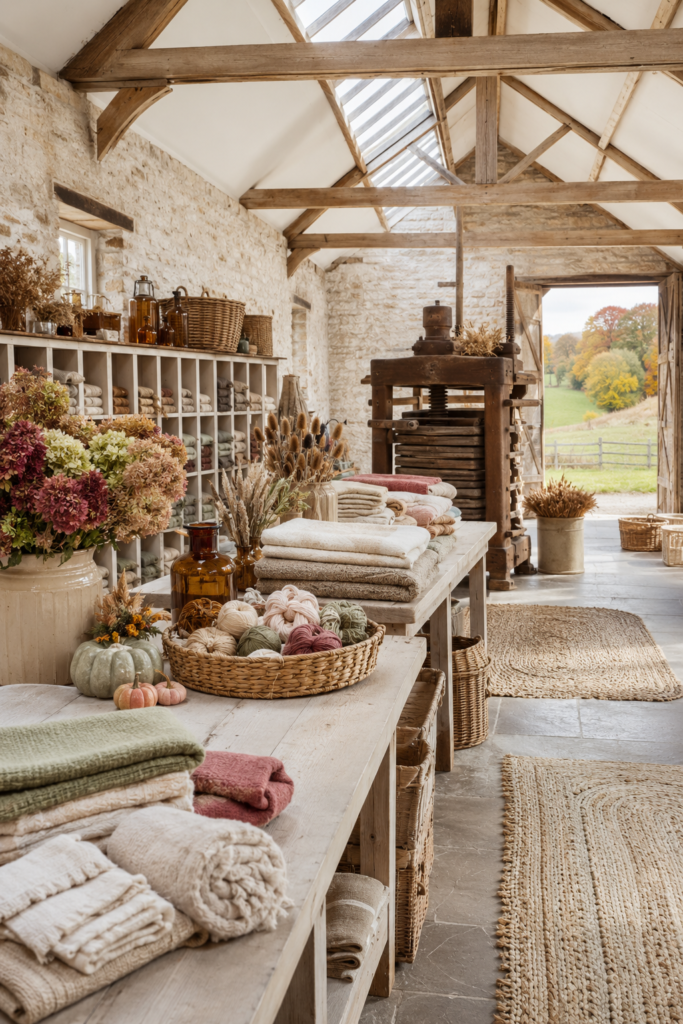 Bright sheep-farm wool-sorting room styled for fall with folded cream sage and berry blankets