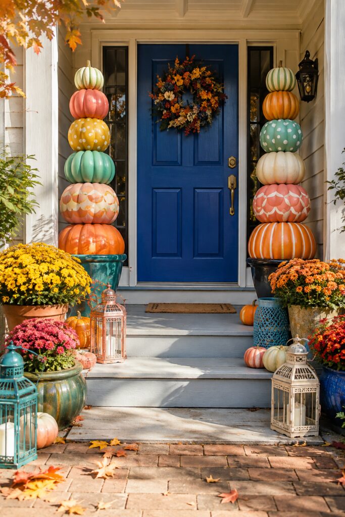 Stacked painted pumpkin totems on a front porch