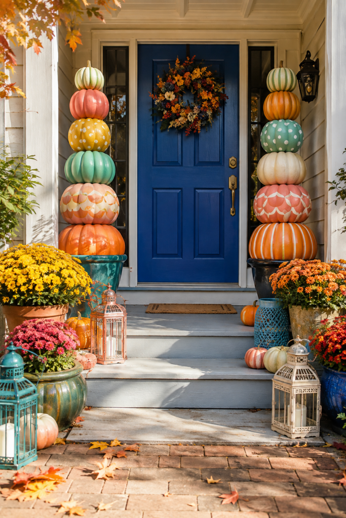 Stacked painted pumpkin totems on a front porch