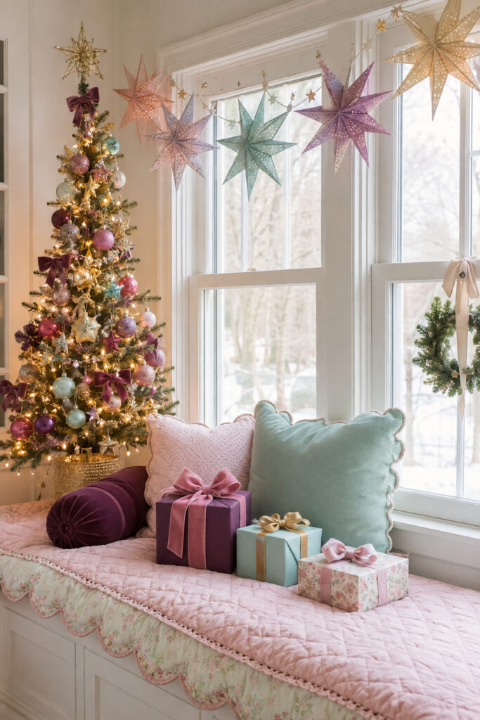 Sugarplum Christmas Window Seat with mint purple and pink decor