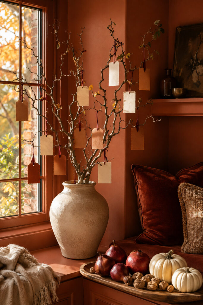 Thanksgiving sunroom with a branch gratitude tree ivory pumpkins pomegranates and walnuts
