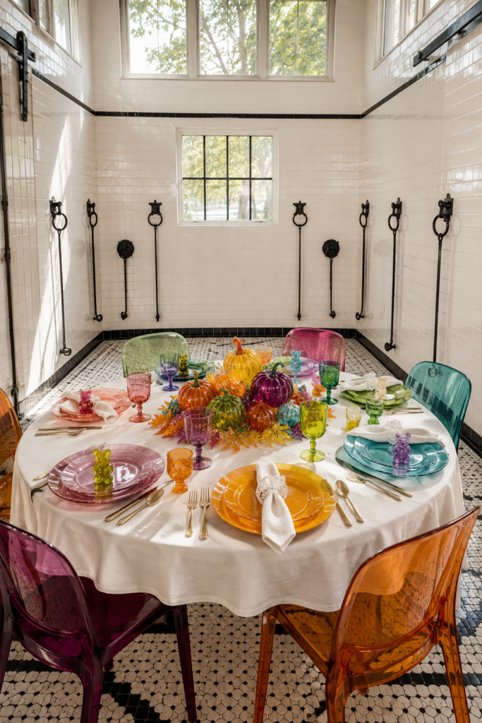 Thanksgiving table setting with translucent decor pieces