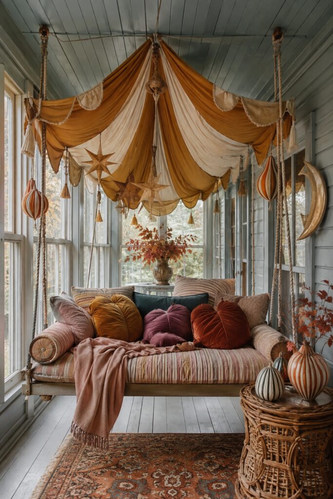 whimsical fall sleeping porch with swing and leaf shaped pillows