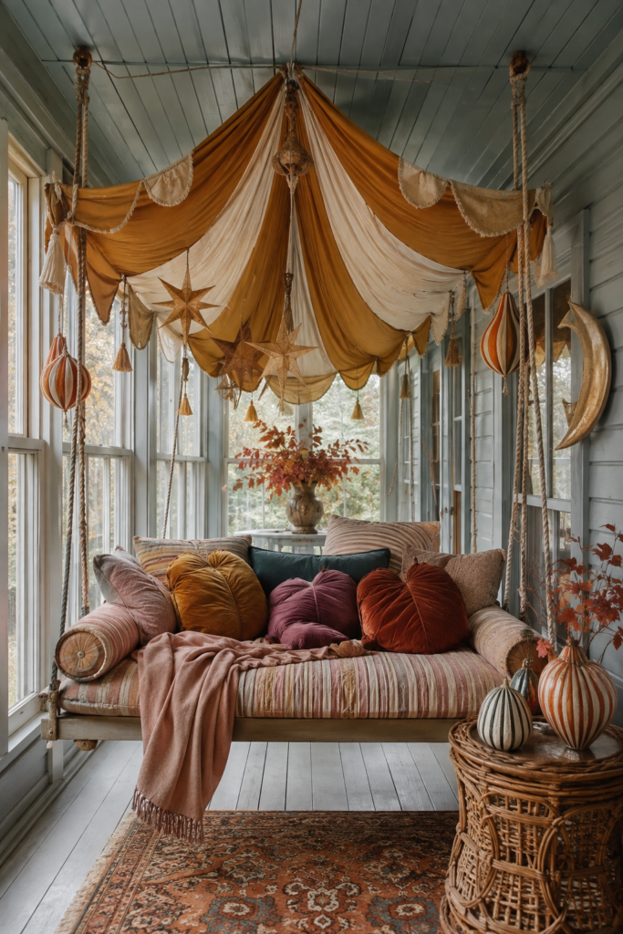 whimsical fall sleeping porch with swing and leaf shaped pillows