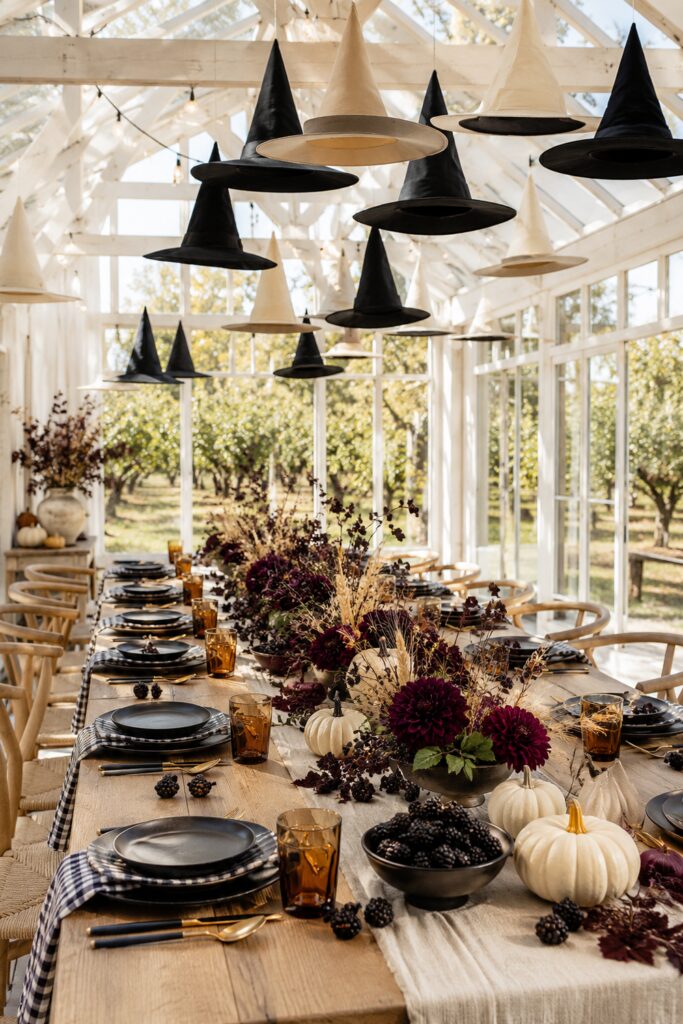 Blackberry Harvest Table Beneath Floating Witch Hats