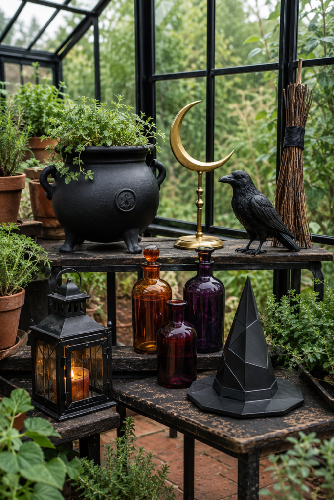 Witchy greenhouse Halloween decor collection