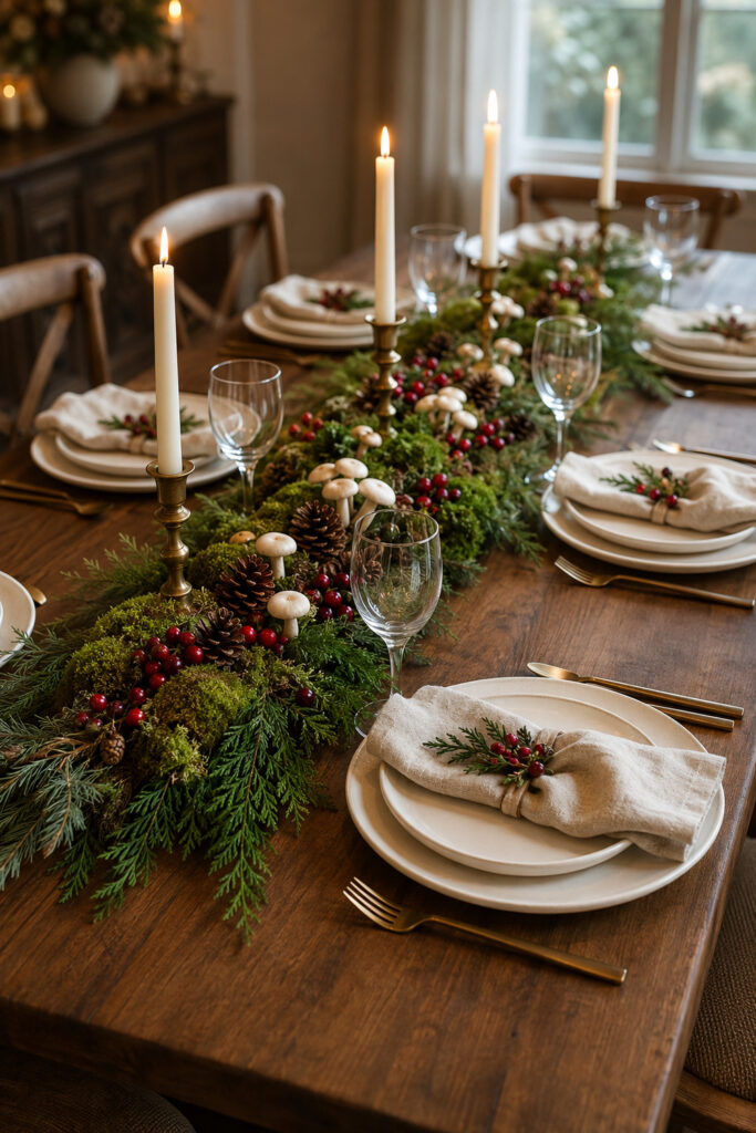 woodland cranberry and moss Christmas table setting with candles and mushrooms