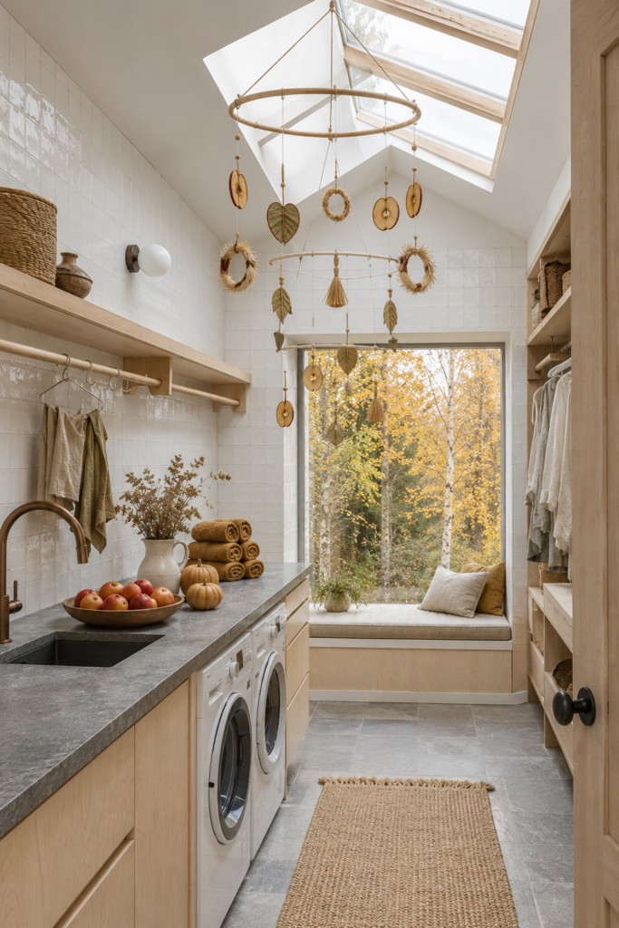 Woven Apple and Leaf Mobile in a Scandinavian Laundry Room