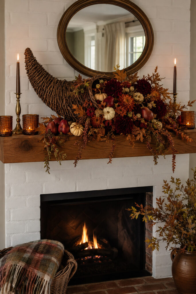 Woven Cornucopia Thanksgiving Mantel