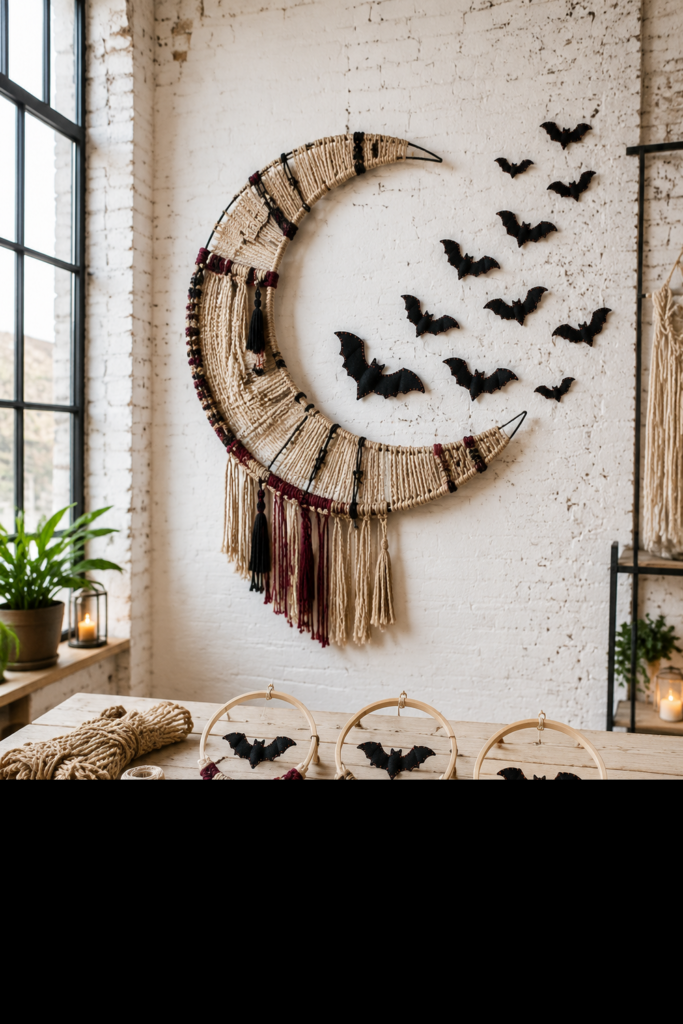 Woven Rope Moon and Bat Wall Hanging