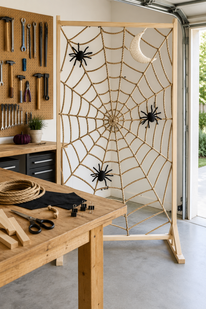 Woven rope spiderweb divider Halloween DIY