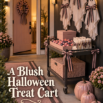 Modern Halloween entry with blush candy cart ivory ghosts pink pumpkins and A Blush Halloween Treat Cart text