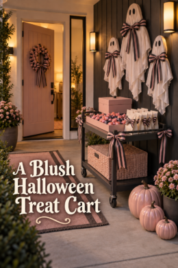 Modern Halloween entry with blush candy cart ivory ghosts pink pumpkins and A Blush Halloween Treat Cart text