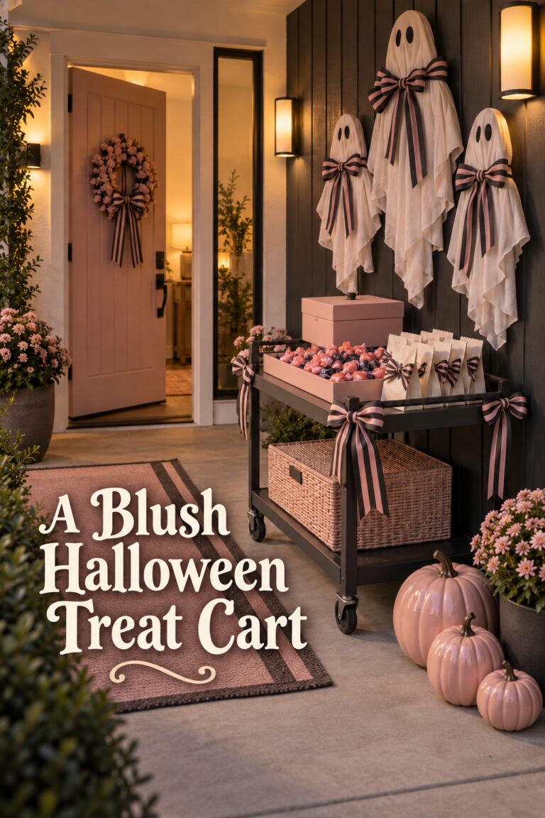Modern Halloween entry with blush candy cart ivory ghosts pink pumpkins and A Blush Halloween Treat Cart text