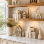 Farmhouse holiday shelf collection with ribboned gift boxes miniature houses and lettering reading A Collected Christmas Neutral Pantry Shelf Ideas
