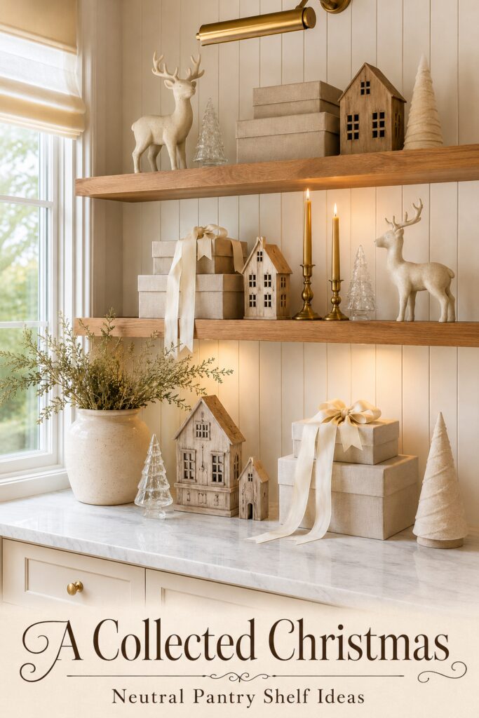 Farmhouse holiday shelf collection with ribboned gift boxes miniature houses and lettering reading A Collected Christmas Neutral Pantry Shelf Ideas