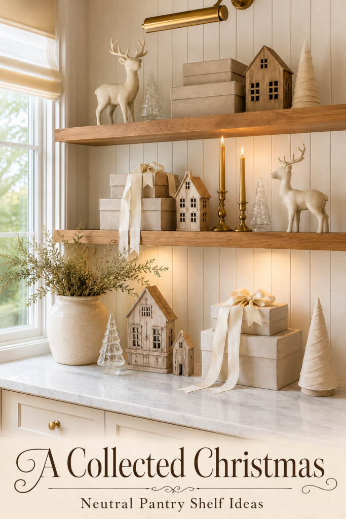 Farmhouse holiday shelf collection with ribboned gift boxes miniature houses and lettering reading A Collected Christmas Neutral Pantry Shelf Ideas