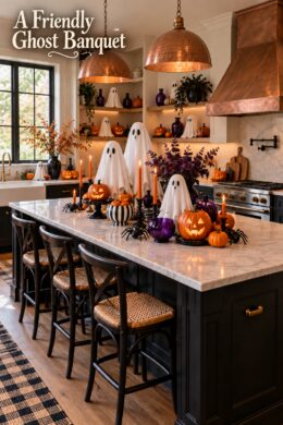 High contrast Halloween kitchen decorated with fabric ghosts glowing jack o lanterns and ghost banquet headline