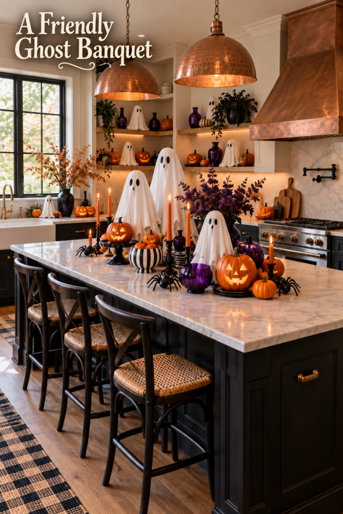 High contrast Halloween kitchen decorated with fabric ghosts glowing jack o lanterns and ghost banquet headline
