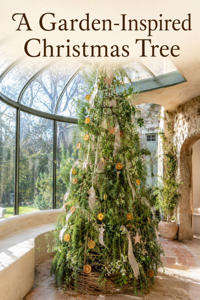 Garden inspired Christmas tree with trailing greenery citrus ornaments and cream ribbon beneath text reading A Garden Inspired Christmas Tree