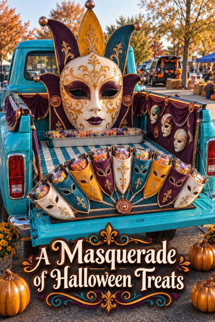 A Masquerade of Halloween Treats with jewel tone candy bags plum fabric and copper pumpkins