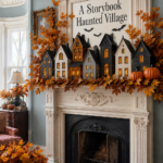 Victorian fireplace decorated with illuminated Halloween houses and autumn branches beneath text reading A Storybook Haunted Village