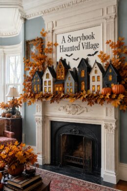 Victorian fireplace decorated with illuminated Halloween houses and autumn branches beneath text reading A Storybook Haunted Village