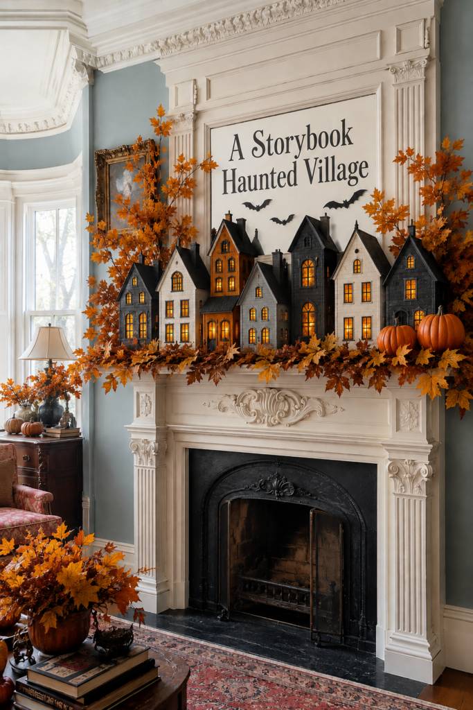 Victorian fireplace decorated with illuminated Halloween houses and autumn branches beneath text reading A Storybook Haunted Village