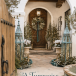 Christmas courtyard with turquoise lanterns beside terracotta paving and an arched wooden doorway with the words A Turquoise Christmas Welcome