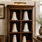 Halloween ghost collection in wooden cubbies with an ivory banner reading A Cabinet of Little Ghosts Collected Halloween Charm