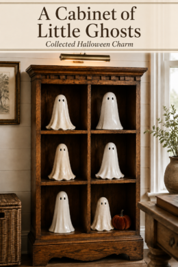 Halloween ghost collection in wooden cubbies with an ivory banner reading A Cabinet of Little Ghosts Collected Halloween Charm