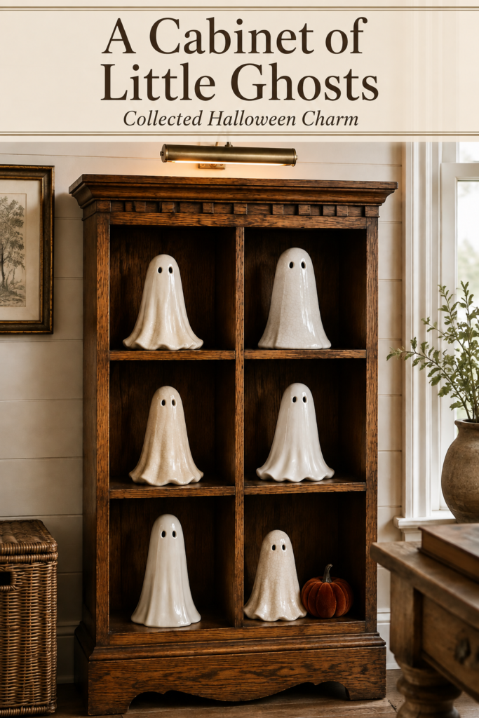 Halloween ghost collection in wooden cubbies with an ivory banner reading A Cabinet of Little Ghosts Collected Halloween Charm