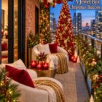 A Jewel Box Christmas Balcony title beside a decorated tree red glass lights and city view