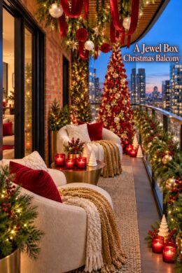 A Jewel Box Christmas Balcony title beside a decorated tree red glass lights and city view