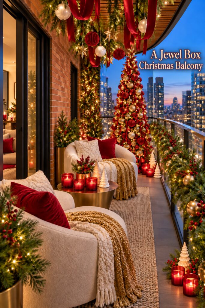 A Jewel Box Christmas Balcony title beside a decorated tree red glass lights and city view
