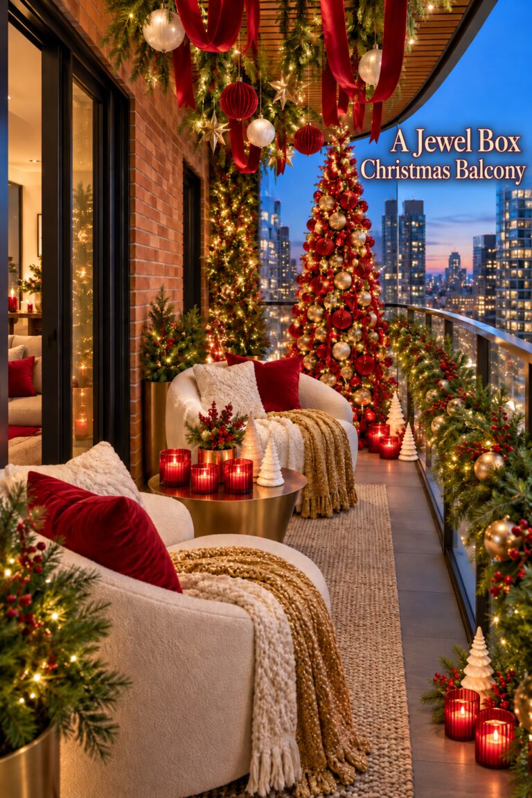 A Jewel Box Christmas Balcony title beside a decorated tree red glass lights and city view