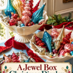 Glass finial ornament display in layered pedestal bowls with jewel box Christmas headline