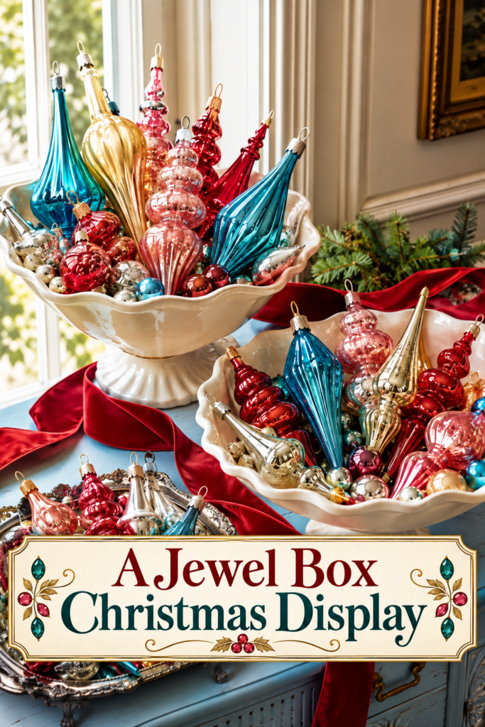 Glass finial ornament display in layered pedestal bowls with jewel box Christmas headline