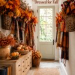 Farmhouse fall entry with woven floral baskets and a mudroom dressed for fall headline