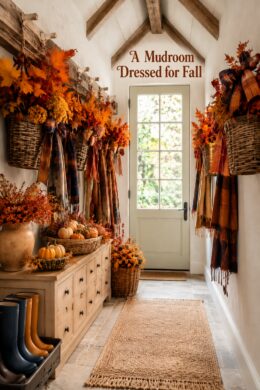 Farmhouse fall entry with woven floral baskets and a mudroom dressed for fall headline