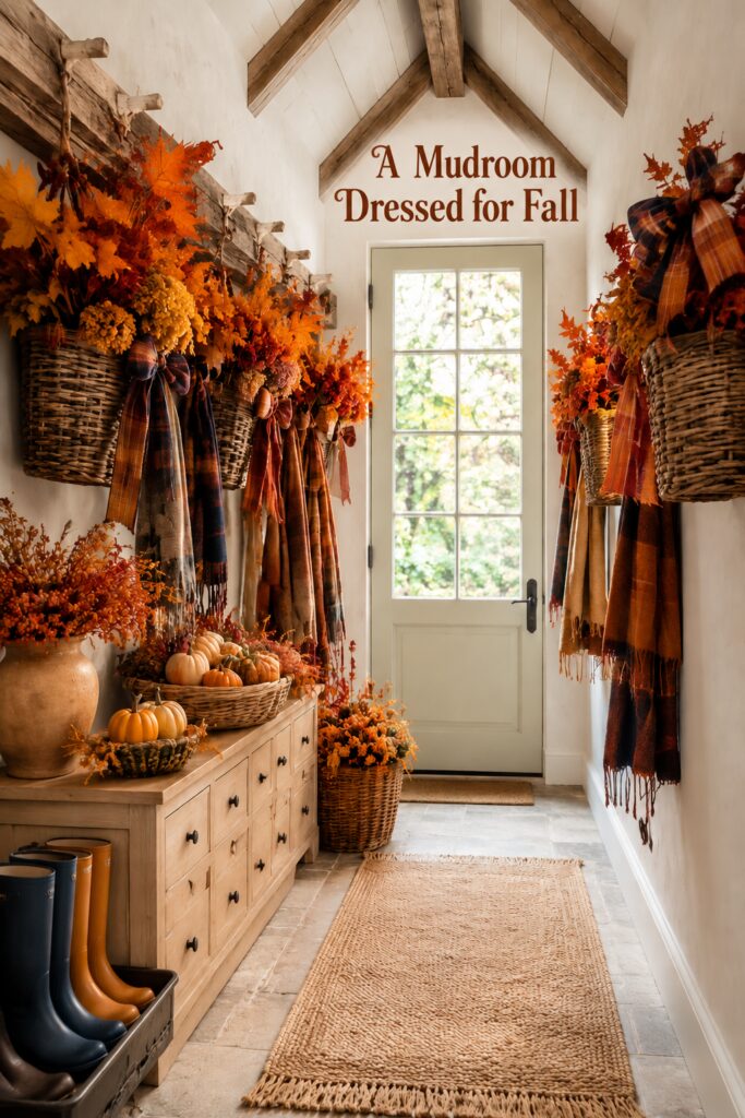 Farmhouse fall entry with woven floral baskets and a mudroom dressed for fall headline