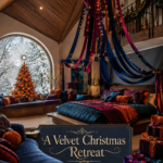 Split level Christmas bedroom with a lighted fabric canopy jewel toned bedding and wrapped gifts with text reading A Velvet Christmas Retreat