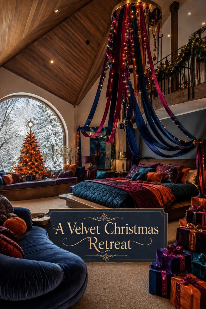 Split level Christmas bedroom with a lighted fabric canopy jewel toned bedding and wrapped gifts with text reading A Velvet Christmas Retreat