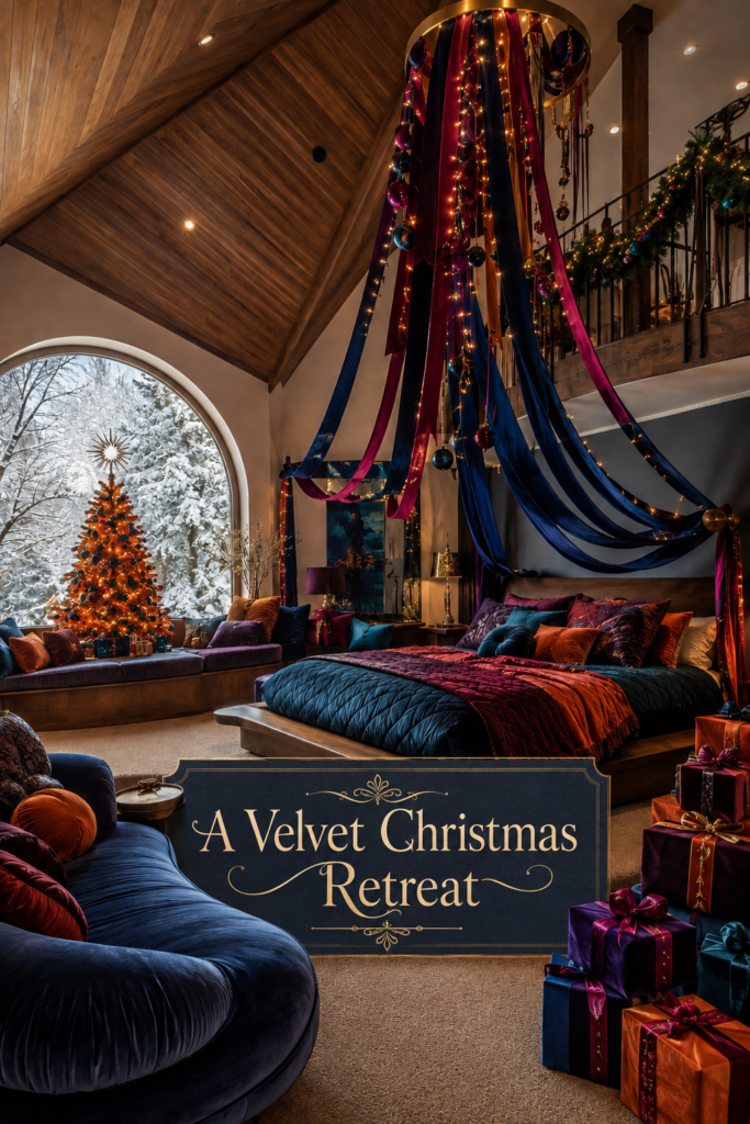 Split level Christmas bedroom with a lighted fabric canopy jewel toned bedding and wrapped gifts with text reading A Velvet Christmas Retreat