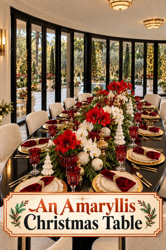An Amaryllis Christmas Table headline beneath red and white flowers on a black oval dining table