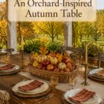 Harvest basket centerpiece on a rustic table overlooking golden orchard trees with text reading An Orchard Inspired Autumn Table