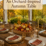 Harvest basket centerpiece on a rustic table overlooking golden orchard trees with text reading An Orchard Inspired Autumn Table