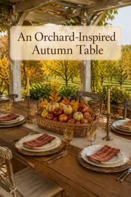 Harvest basket centerpiece on a rustic table overlooking golden orchard trees with text reading An Orchard Inspired Autumn Table