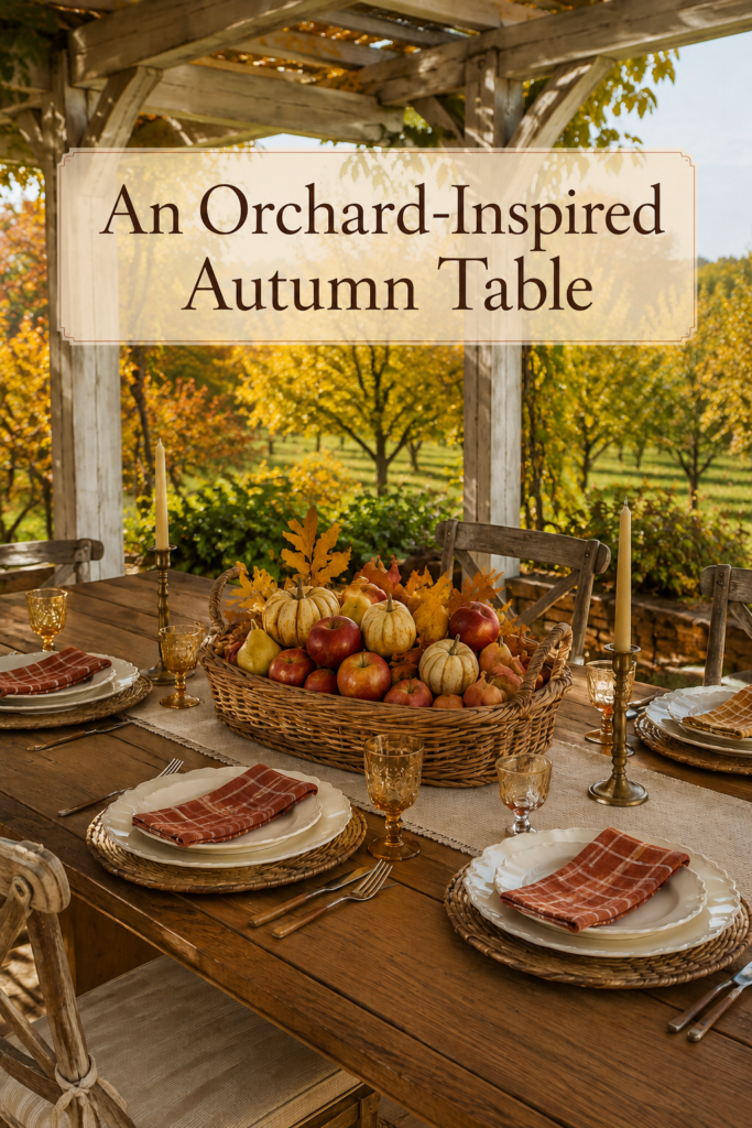 Harvest basket centerpiece on a rustic table overlooking golden orchard trees with text reading An Orchard Inspired Autumn Table